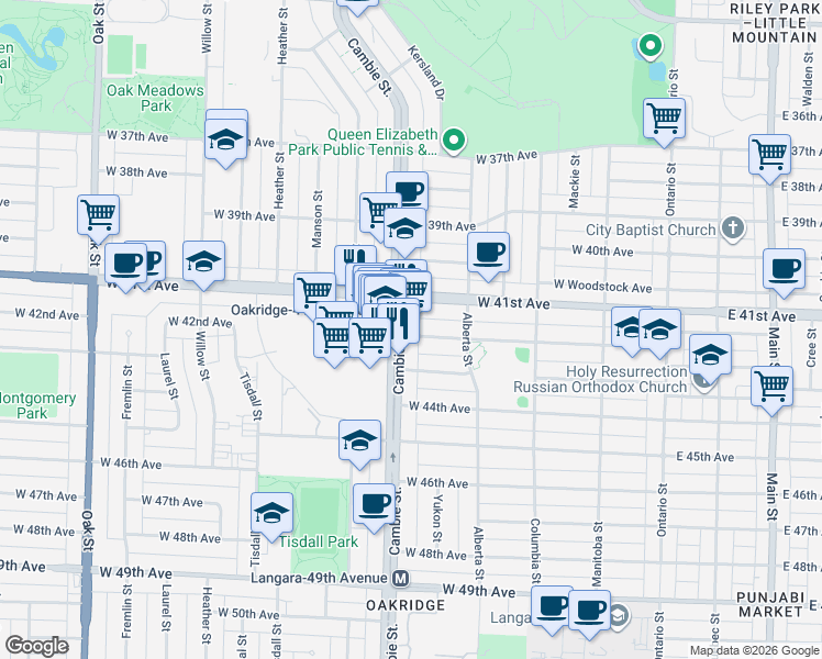 map of restaurants, bars, coffee shops, grocery stores, and more near 485 West 42nd Avenue in Vancouver