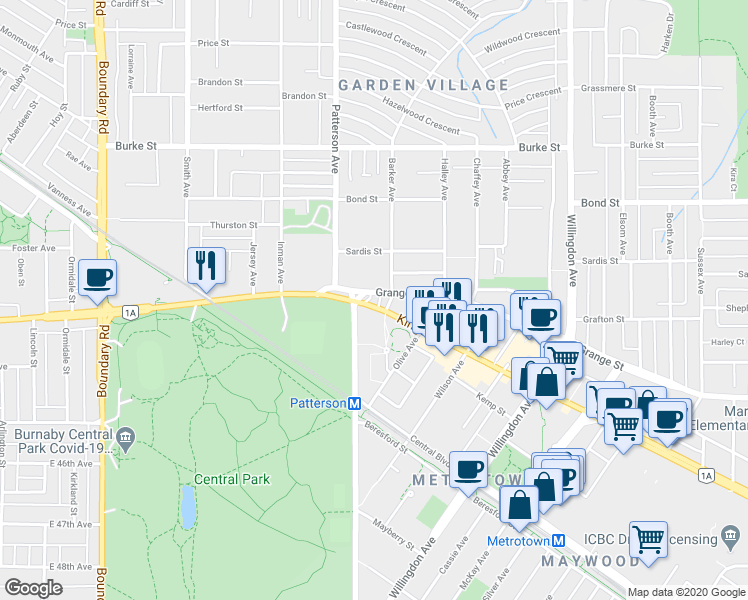 map of restaurants, bars, coffee shops, grocery stores, and more near 4176 Grange Street in Burnaby