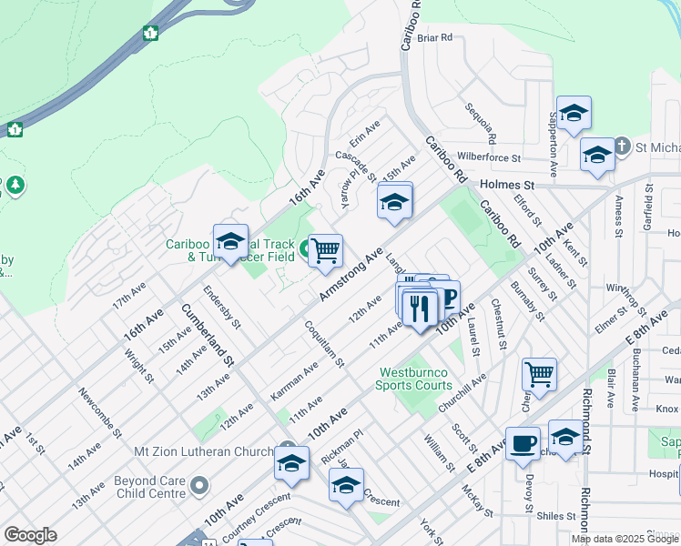 map of restaurants, bars, coffee shops, grocery stores, and more near 8667 Armstrong Avenue in Burnaby