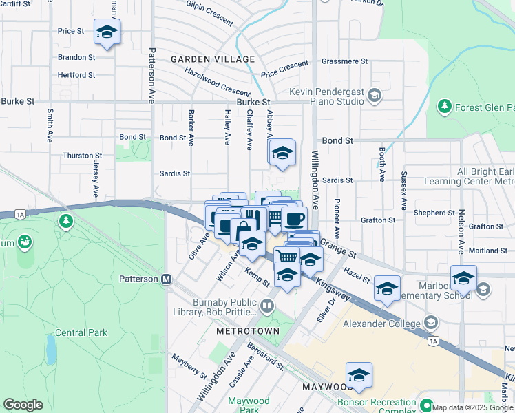 map of restaurants, bars, coffee shops, grocery stores, and more near 4345 Grange Street in Burnaby