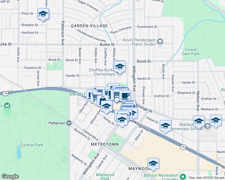 map of restaurants, bars, coffee shops, grocery stores, and more near 4345 Grange Street in Burnaby