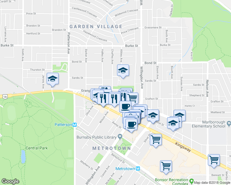 map of restaurants, bars, coffee shops, grocery stores, and more near 5695 Chaffey Avenue in Burnaby