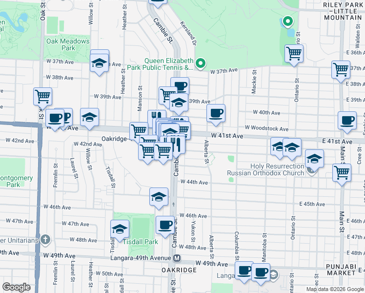 map of restaurants, bars, coffee shops, grocery stores, and more near 485 West 42nd Avenue in Vancouver