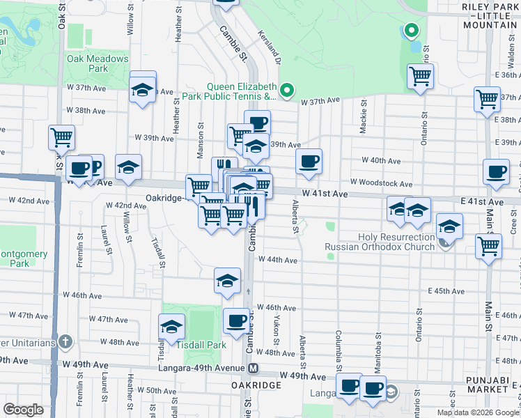 map of restaurants, bars, coffee shops, grocery stores, and more near 485 West 42nd Avenue in Vancouver