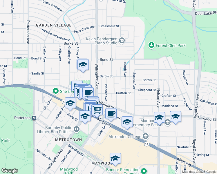 map of restaurants, bars, coffee shops, grocery stores, and more near 5734 Pioneer Avenue in Burnaby