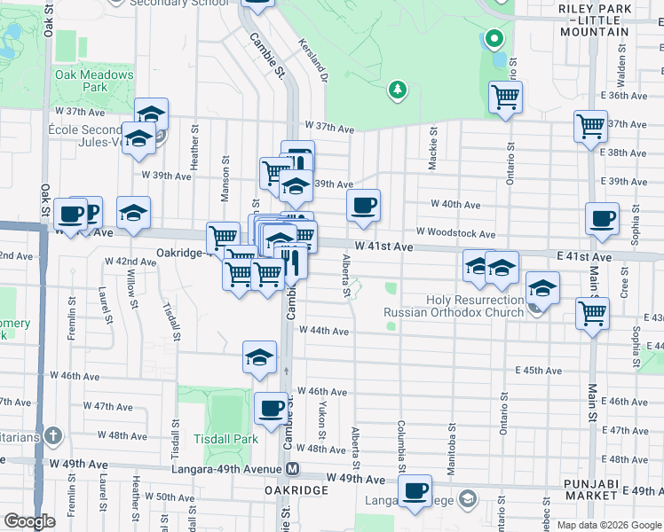 map of restaurants, bars, coffee shops, grocery stores, and more near 393 West 42nd Avenue in Vancouver