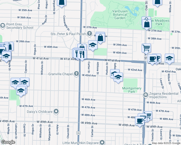 map of restaurants, bars, coffee shops, grocery stores, and more near 5870 Cartier Street in Vancouver