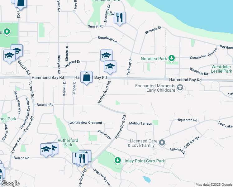 map of restaurants, bars, coffee shops, grocery stores, and more near 5792 Bradbury Road in Nanaimo