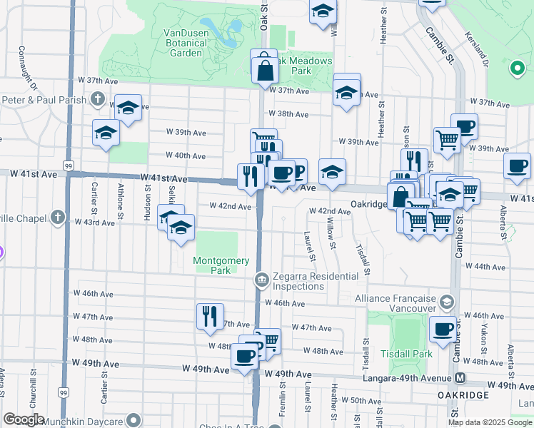map of restaurants, bars, coffee shops, grocery stores, and more near 5840 Oak Street in Vancouver