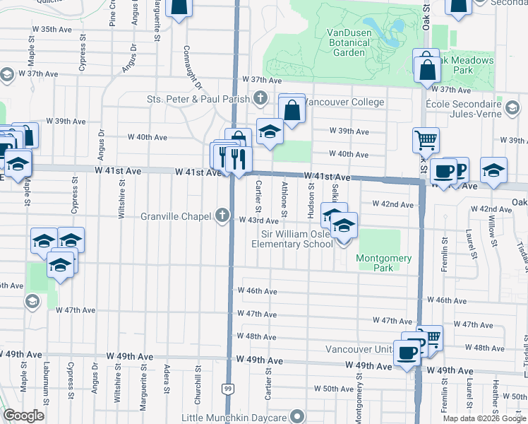 map of restaurants, bars, coffee shops, grocery stores, and more near 5870 Cartier Street in Vancouver