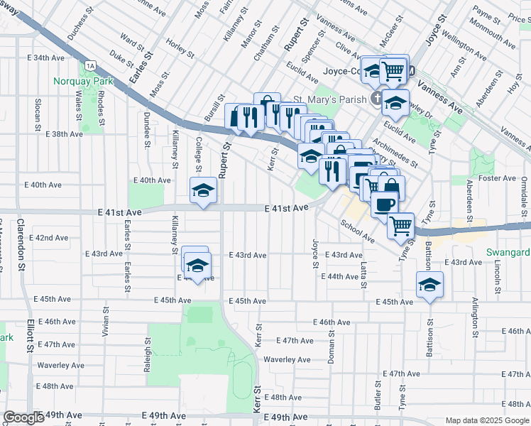 map of restaurants, bars, coffee shops, grocery stores, and more near 5701 Kerr Street in Vancouver