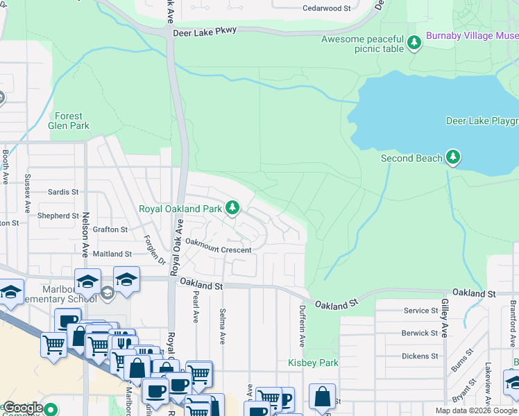 map of restaurants, bars, coffee shops, grocery stores, and more near 5221 Oakmount Crescent in Burnaby