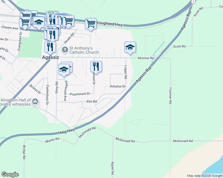 map of restaurants, bars, coffee shops, grocery stores, and more near 7484 Arbutus Drive in Agassiz