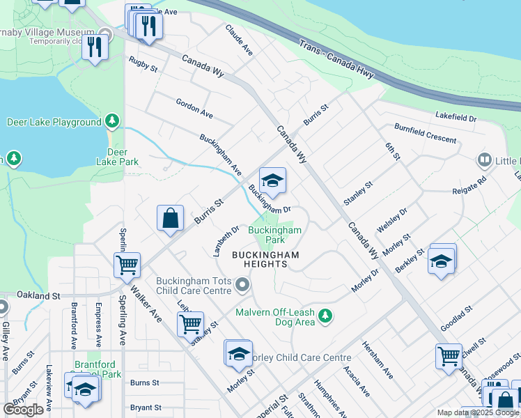 map of restaurants, bars, coffee shops, grocery stores, and more near 6065 Buckingham Avenue in Burnaby