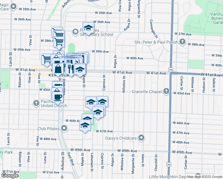 map of restaurants, bars, coffee shops, grocery stores, and more near 5885 Angus Drive in Vancouver