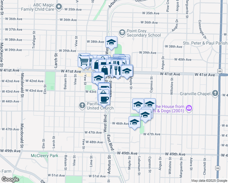 map of restaurants, bars, coffee shops, grocery stores, and more near 2089 West 43rd Avenue in Vancouver