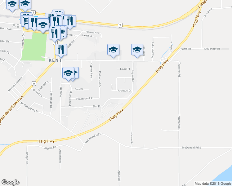 map of restaurants, bars, coffee shops, grocery stores, and more near 7474 Arbutus Drive in Agassiz