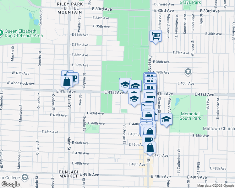 map of restaurants, bars, coffee shops, grocery stores, and more near 5763 Saint George Street in Vancouver