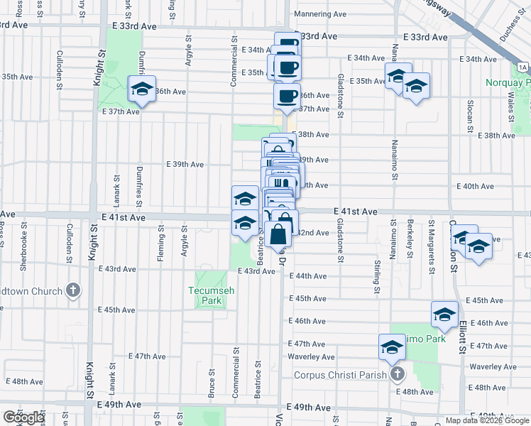 map of restaurants, bars, coffee shops, grocery stores, and more near 1933 East 41st Avenue in Vancouver