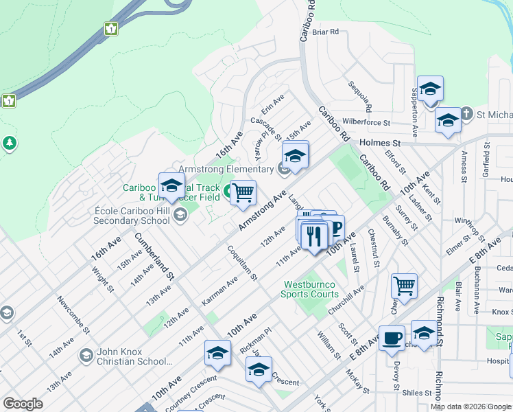 map of restaurants, bars, coffee shops, grocery stores, and more near 8675 Armstrong Avenue in Burnaby