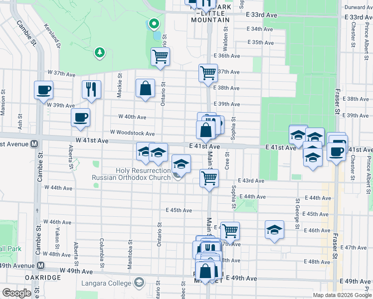 map of restaurants, bars, coffee shops, grocery stores, and more near 5730 Quebec Street in Vancouver