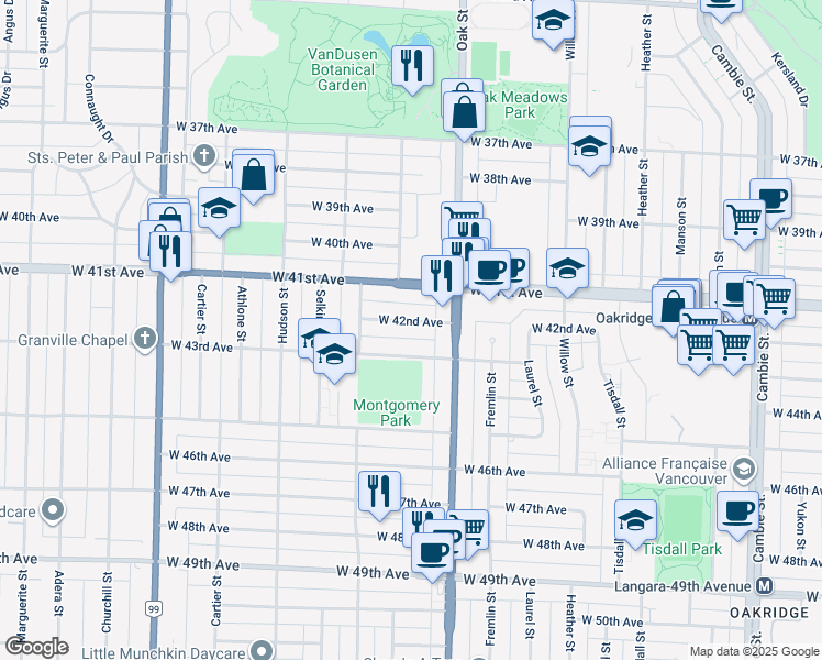 map of restaurants, bars, coffee shops, grocery stores, and more near 1088 West 42nd Avenue in Vancouver