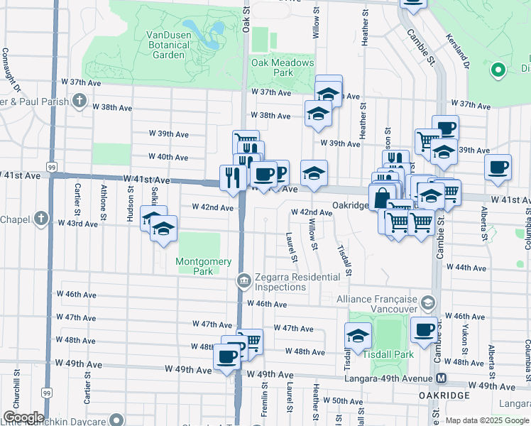 map of restaurants, bars, coffee shops, grocery stores, and more near 5809 Fremlin Street in Vancouver