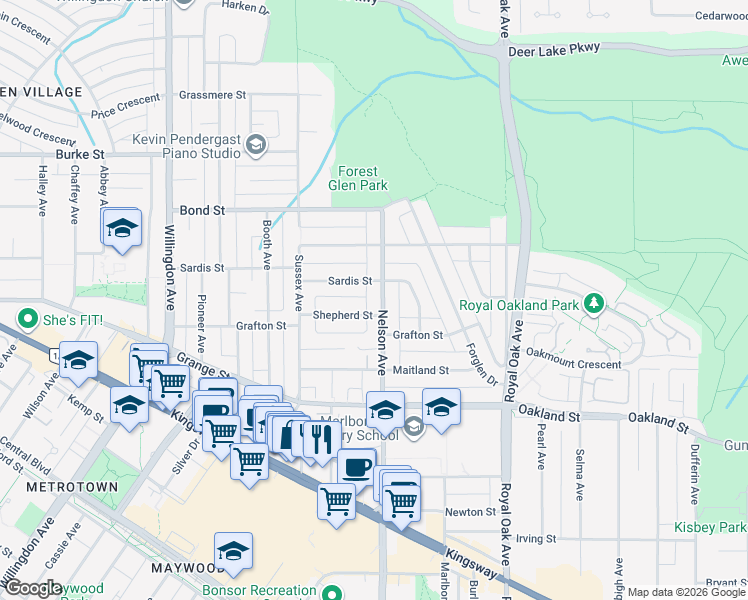 map of restaurants, bars, coffee shops, grocery stores, and more near 5653 Nelson Avenue in Burnaby