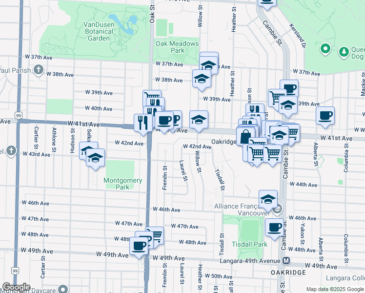 map of restaurants, bars, coffee shops, grocery stores, and more near Laurel Street in Vancouver