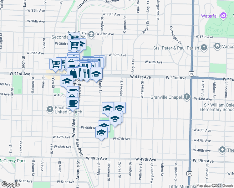 map of restaurants, bars, coffee shops, grocery stores, and more near 1915 West 43rd Avenue in Vancouver