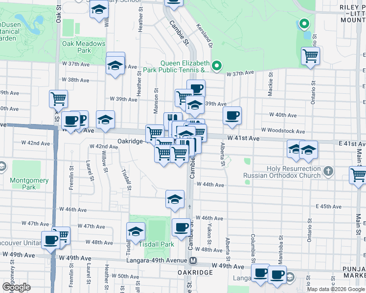 map of restaurants, bars, coffee shops, grocery stores, and more near 5733 Cambie Street in Vancouver