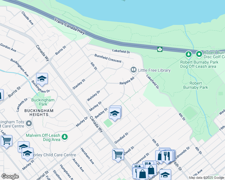 map of restaurants, bars, coffee shops, grocery stores, and more near 7871 Morley Street in Burnaby