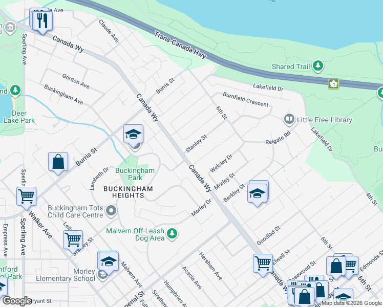 map of restaurants, bars, coffee shops, grocery stores, and more near 7748 Stanley Street in Burnaby