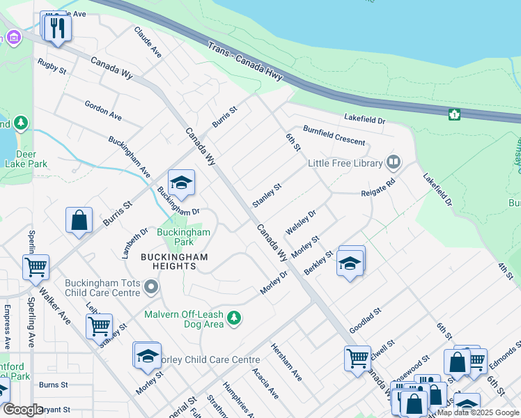 map of restaurants, bars, coffee shops, grocery stores, and more near 7730 Stanley Street in Burnaby