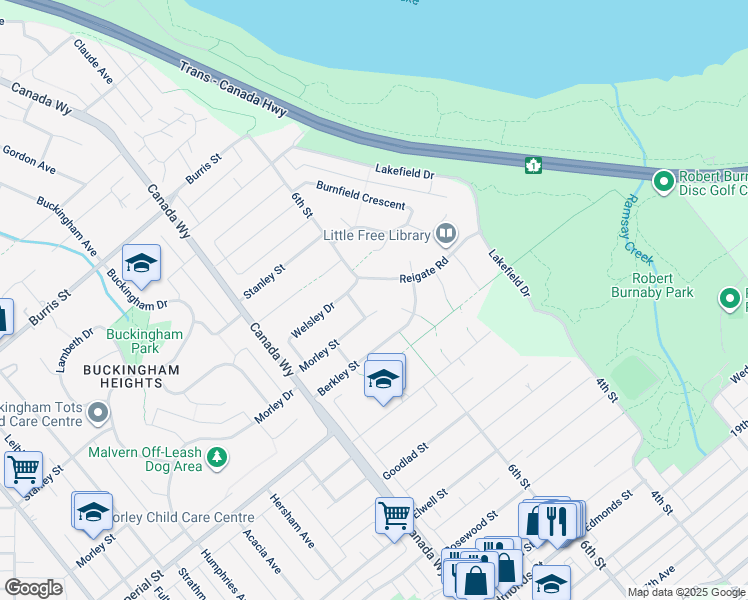 map of restaurants, bars, coffee shops, grocery stores, and more near 7871 Morley Street in Burnaby