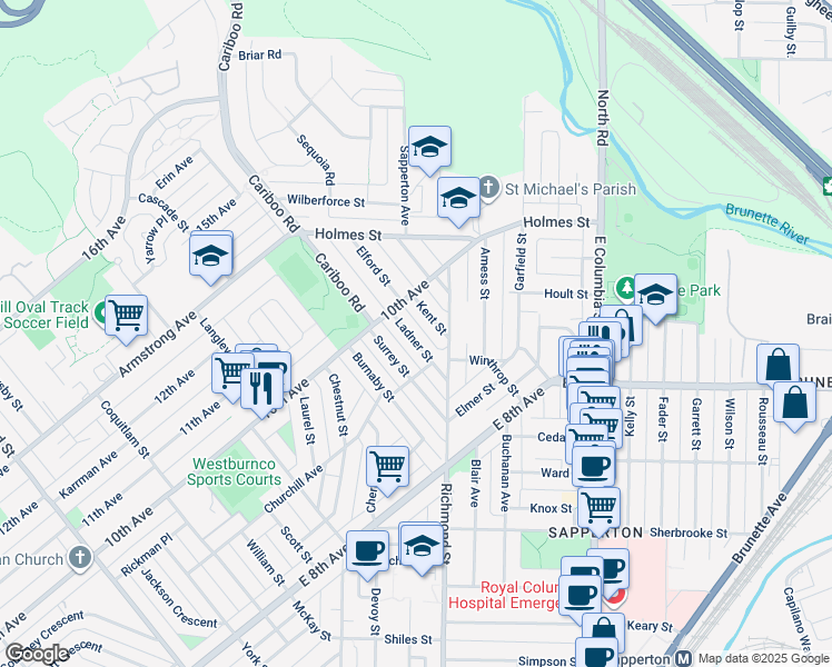 map of restaurants, bars, coffee shops, grocery stores, and more near 917 Ladner Street in New Westminster