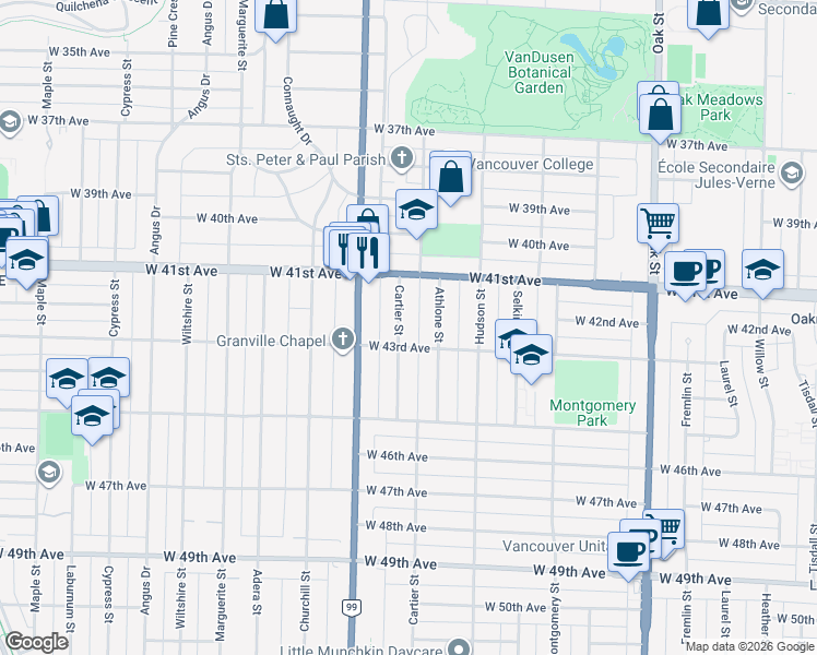 map of restaurants, bars, coffee shops, grocery stores, and more near 5850 Cartier Street in Vancouver