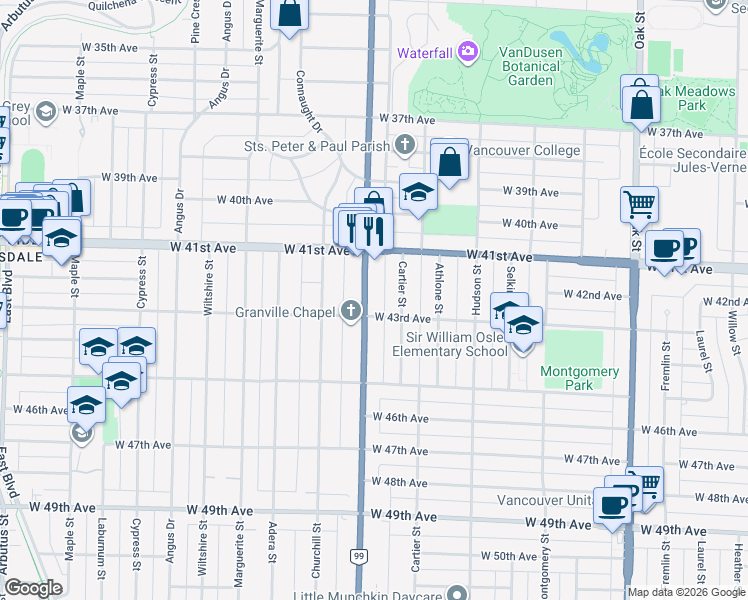 map of restaurants, bars, coffee shops, grocery stores, and more near 5850 Granville Street in Vancouver