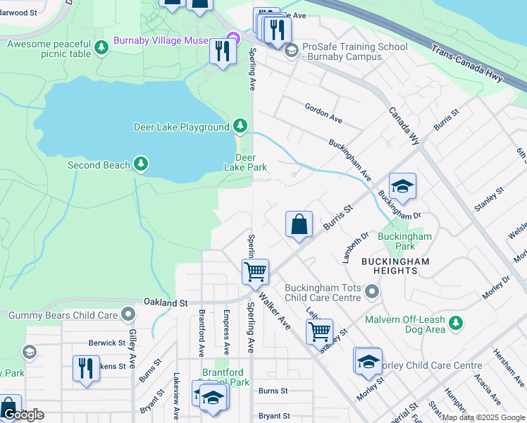 map of restaurants, bars, coffee shops, grocery stores, and more near 7399 Haszard Street in Burnaby