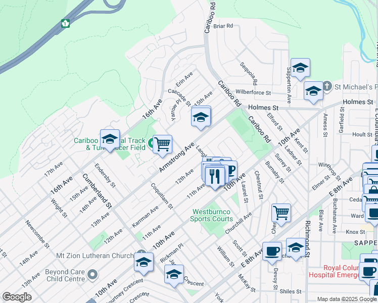 map of restaurants, bars, coffee shops, grocery stores, and more near 8684 Armstrong Avenue in Burnaby