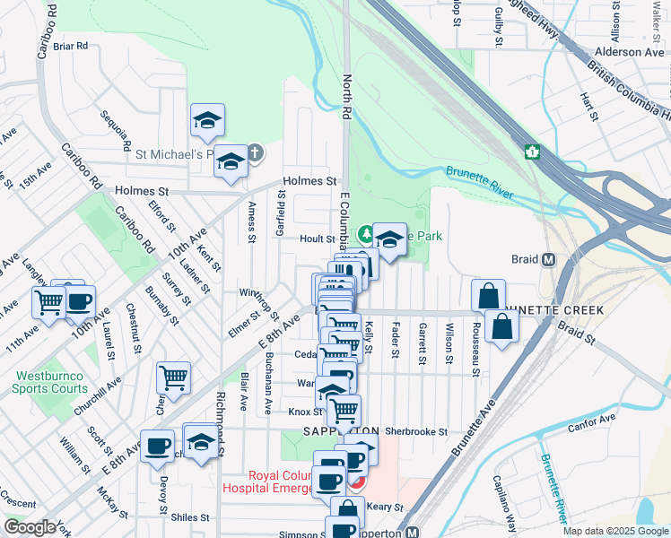 map of restaurants, bars, coffee shops, grocery stores, and more near 527 East Columbia Street in New Westminster