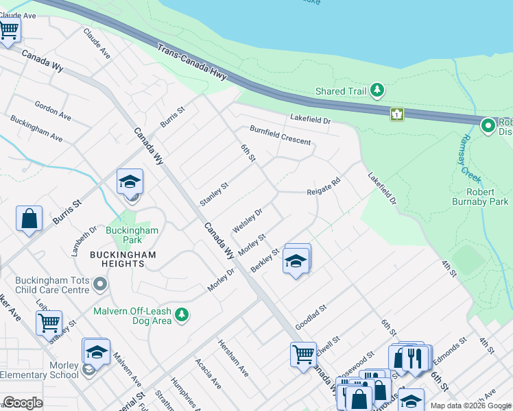 map of restaurants, bars, coffee shops, grocery stores, and more near 7879 Welsley Drive in Burnaby