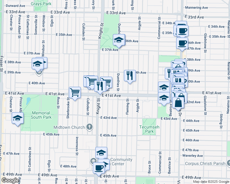 map of restaurants, bars, coffee shops, grocery stores, and more near 1491 East 41st Avenue in Vancouver