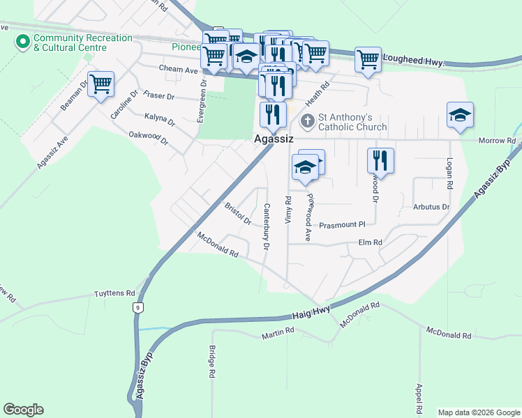 map of restaurants, bars, coffee shops, grocery stores, and more near 1565 Canterbury Drive in Agassiz
