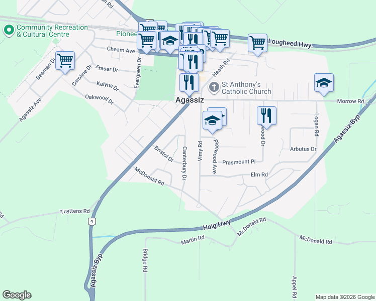 map of restaurants, bars, coffee shops, grocery stores, and more near 1566 Canterbury Drive in Agassiz