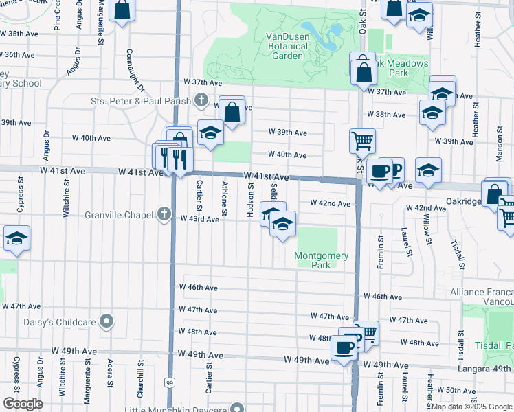 map of restaurants, bars, coffee shops, grocery stores, and more near 5828 Hudson Street in Vancouver