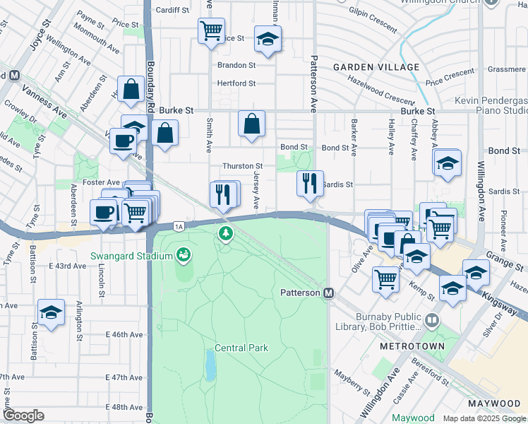 map of restaurants, bars, coffee shops, grocery stores, and more near 3953 Kingsway in Burnaby