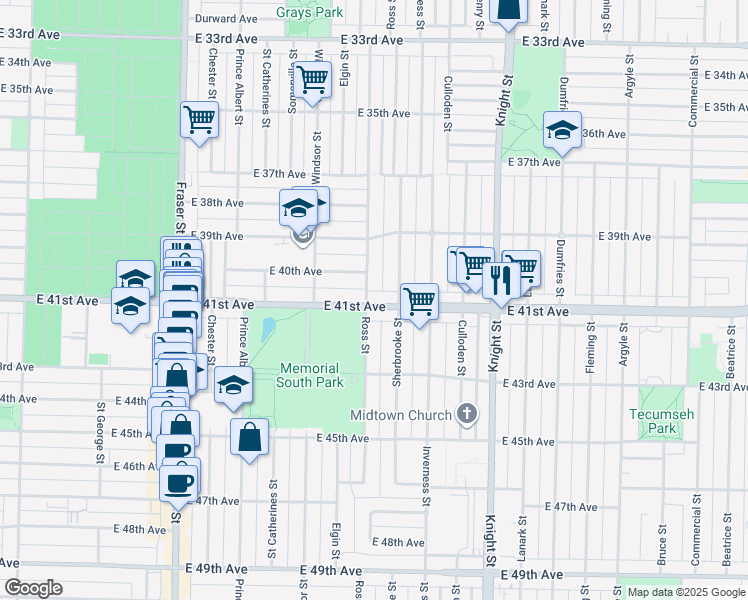 map of restaurants, bars, coffee shops, grocery stores, and more near 1123 East 41st Avenue in Vancouver