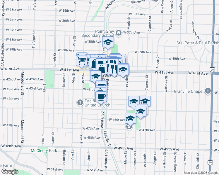 map of restaurants, bars, coffee shops, grocery stores, and more near 5790 East Boulevard in Vancouver