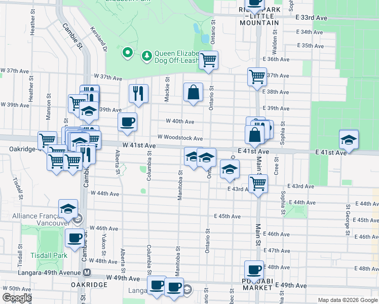 map of restaurants, bars, coffee shops, grocery stores, and more near 66 West 41st Avenue in Vancouver